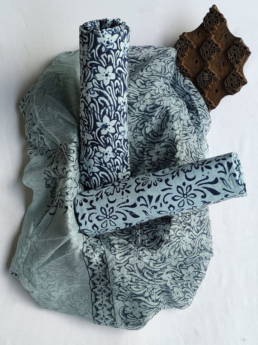Hand Block Printed Unstitched Cotton Suit Set With Chiffon Dupatta - JBCF815