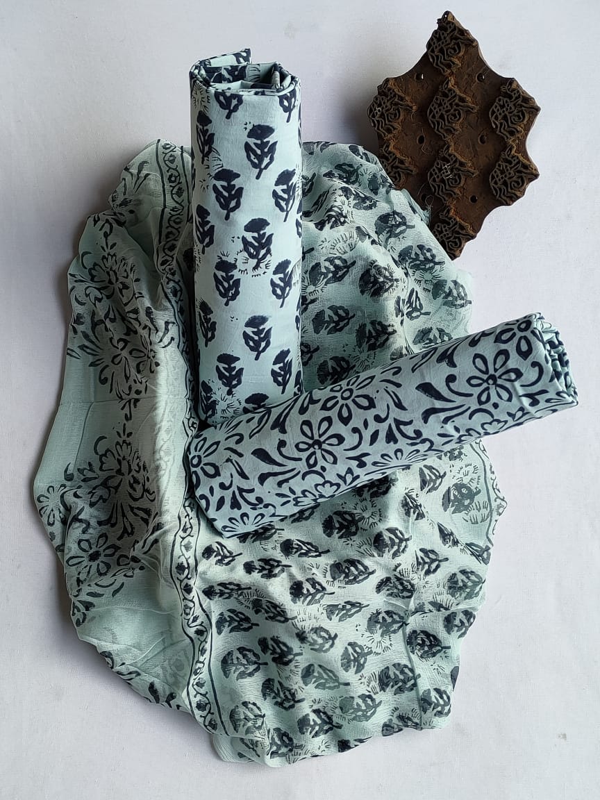 Hand Block Printed CottonUnstitched Salwar Suit with Chiffon Dupatta - JBCF819