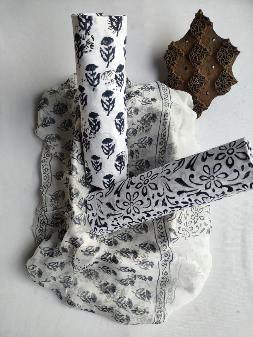 Hand Block Printed Unstitched Cotton Suit Set With Chiffon Dupatta - JBCF821
