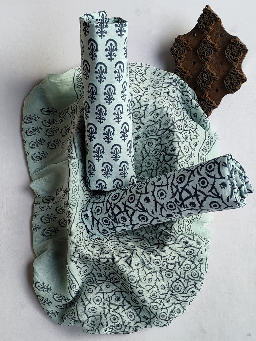 Unstitched Hand Block Printed Cotton Suit With Chiffon Dupatta - JBCF823