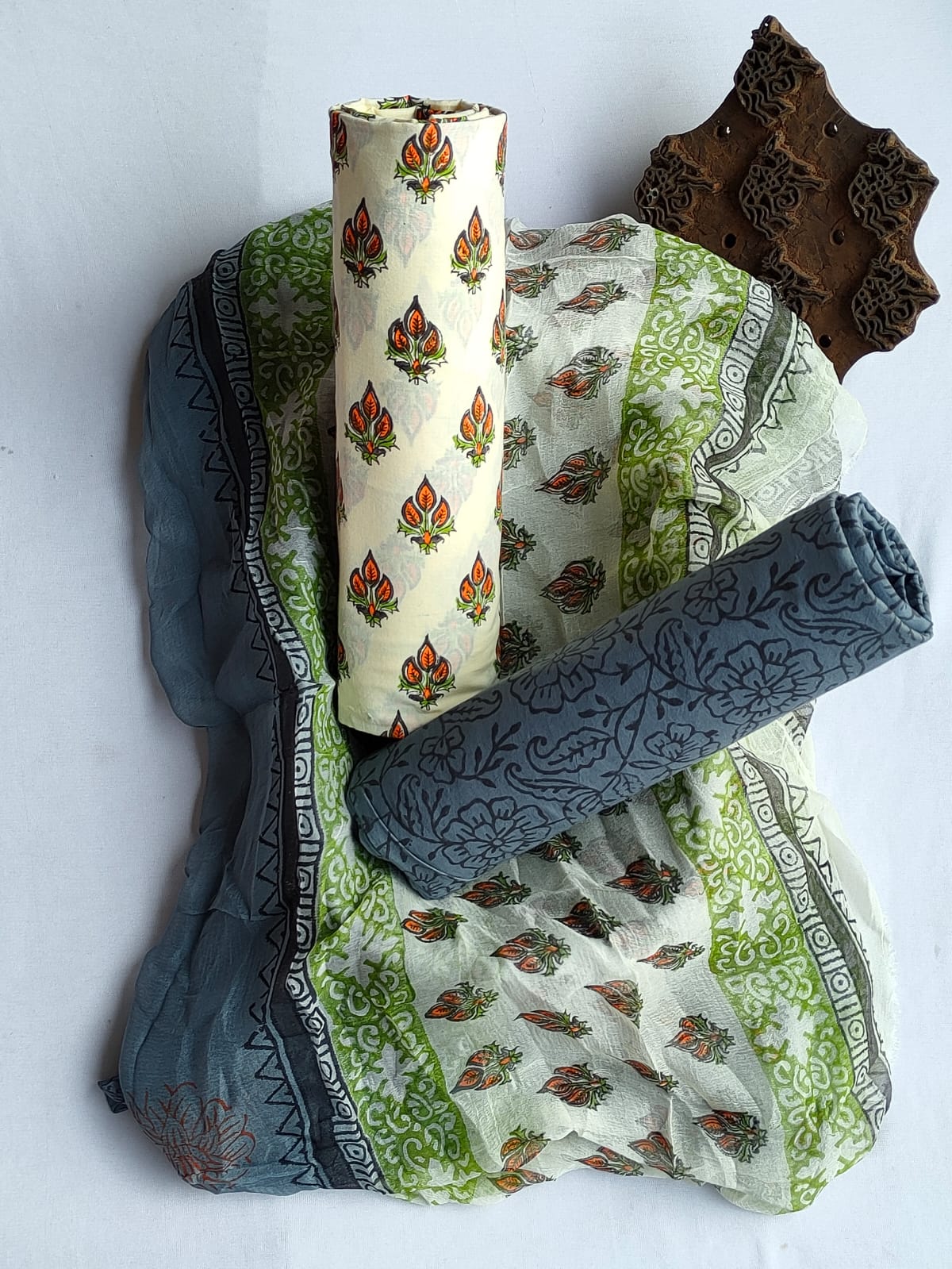 Unstitched Hand Block Printed Cotton Suit With Chiffon Dupatta - JBCF799
