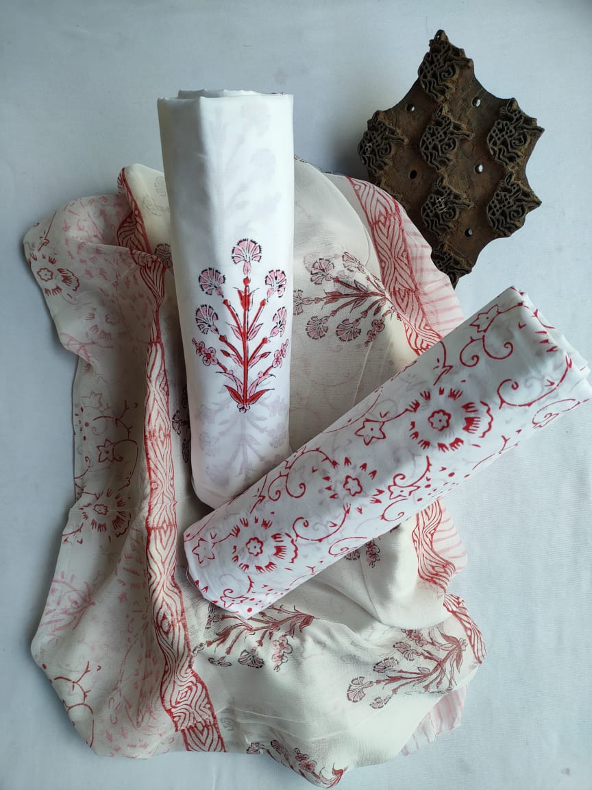 Unstitched Hand Block Printed Cotton Suit With Chiffon Dupatta - JBCF826