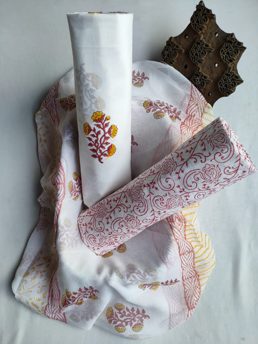 Hand Block Printed Unstitched Cotton Suit Set With Chiffon Dupatta - JBCF827