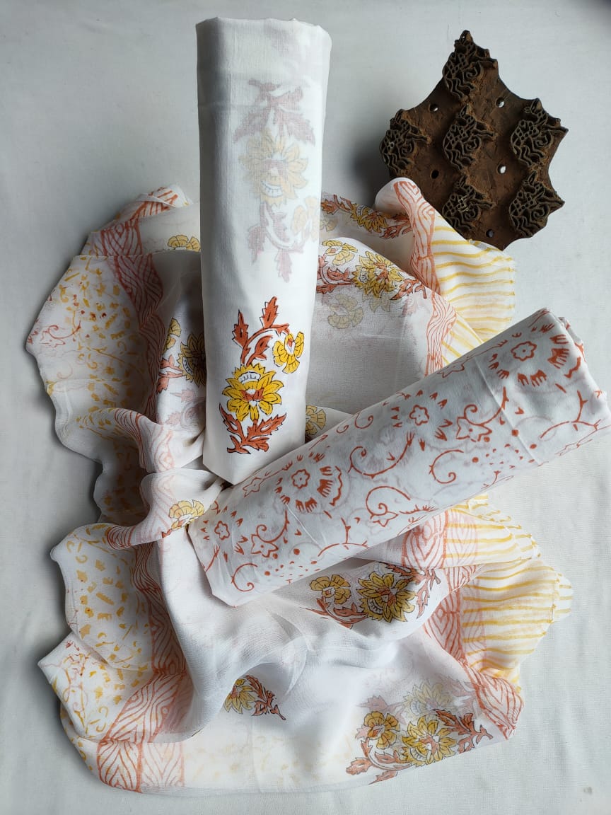 Unstitched Hand Block Printed Cotton Suit With Chiffon Dupatta - JBCF829