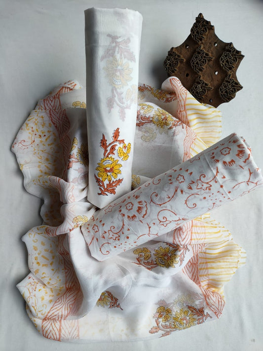 Unstitched Hand Block Printed Cotton Suit With Chiffon Dupatta - JBCF829