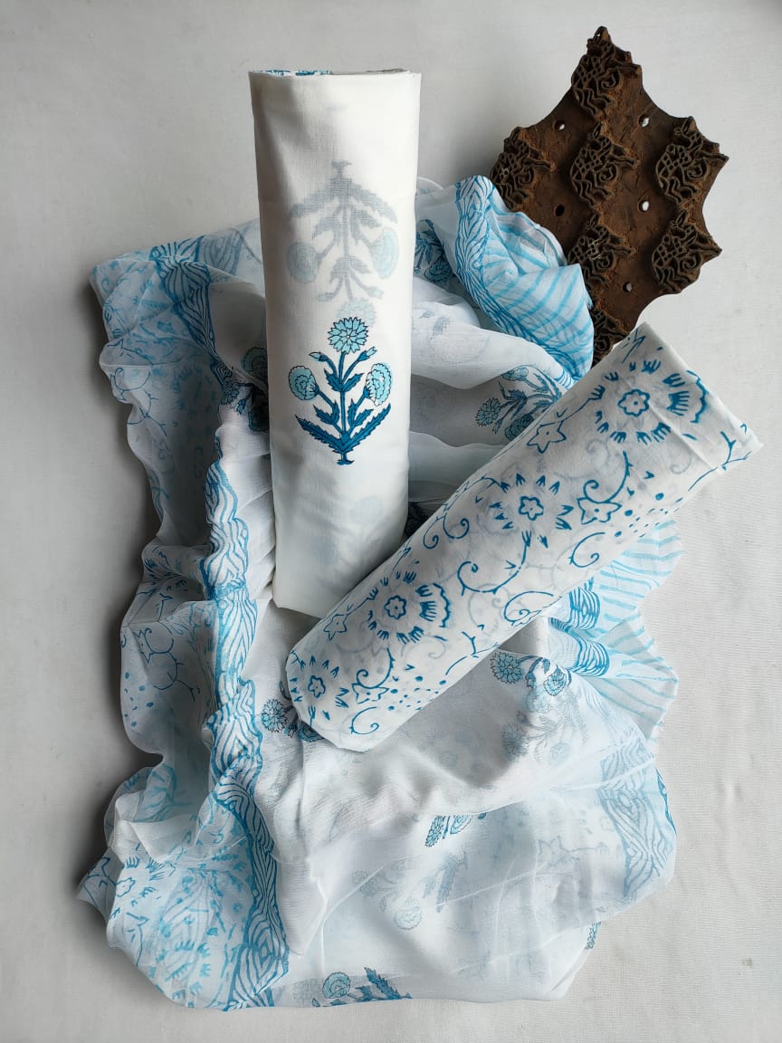 Hand Block Printed Unstitched Cotton Suit Set With Chiffon Dupatta - JBCF830