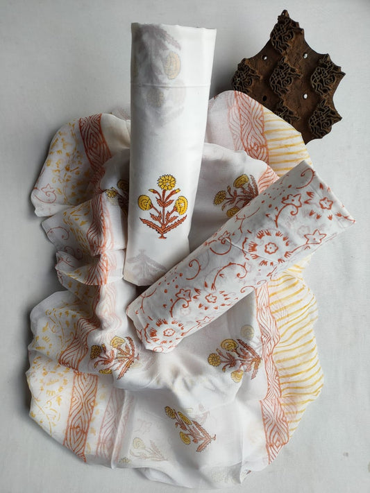 Unstitched Hand Block Printed Cotton Suit With Chiffon Dupatta - JBCF832