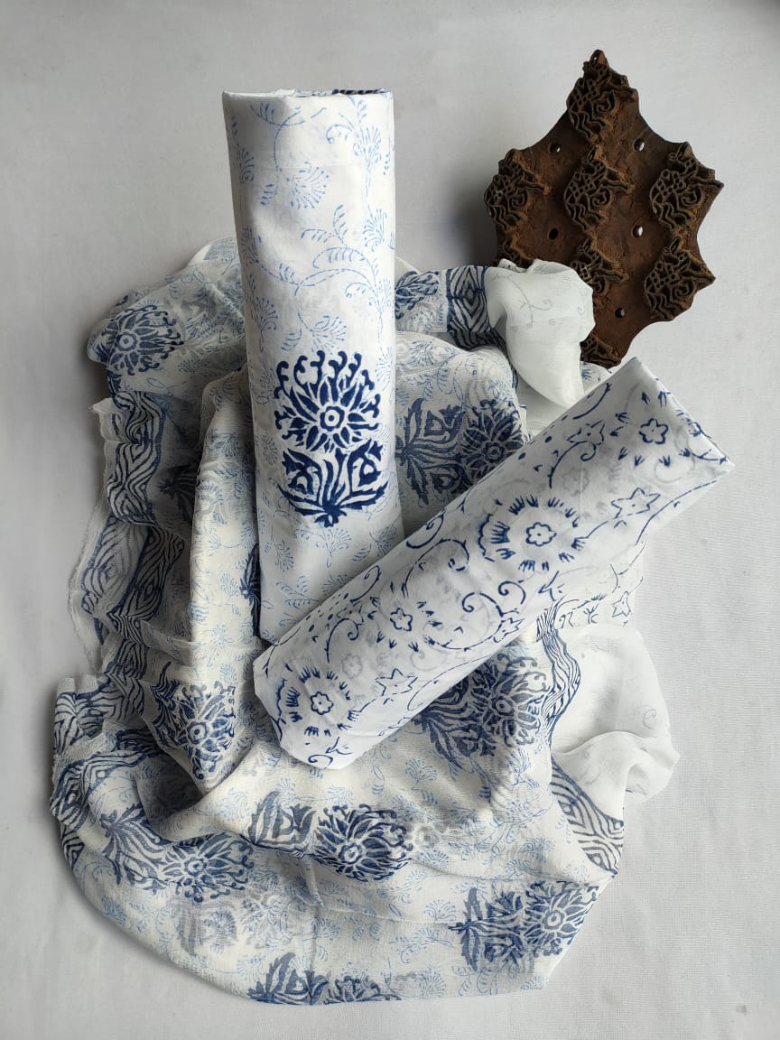 Hand Block Printed Unstitched Cotton Suit Set With Chiffon Dupatta - JBCF833
