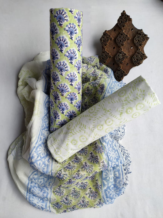 Unstitched Hand Block Printed Cotton Suit With Chiffon Dupatta - JBCF835