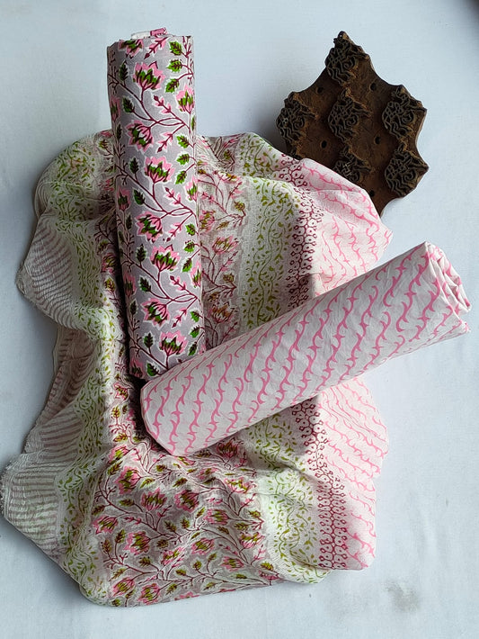 Hand Block Printed Unstitched Cotton Suit Set With Chiffon Dupatta - JBCF800