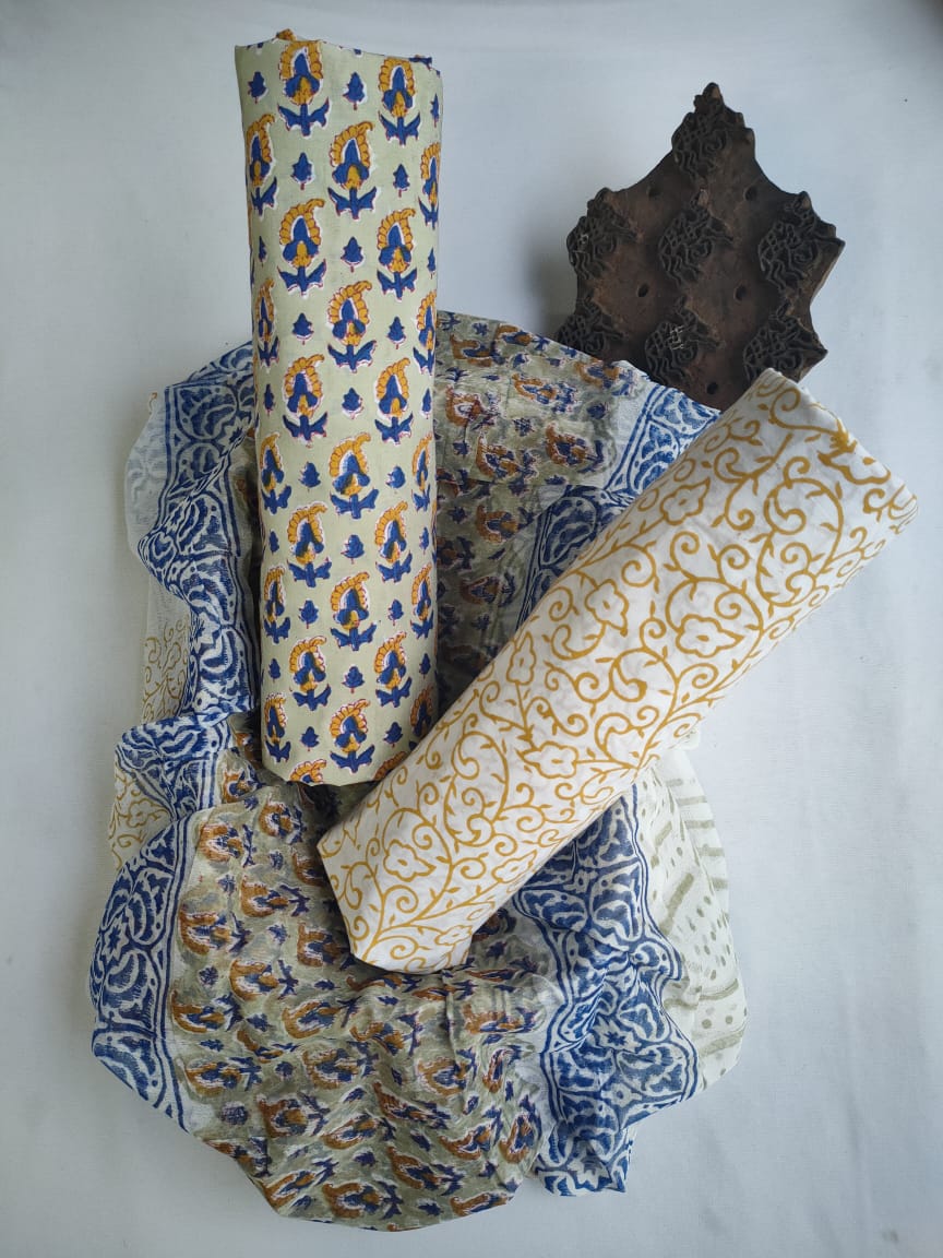 Hand Block Printed Unstitched Cotton Suit Set With Chiffon Dupatta - JBCF836