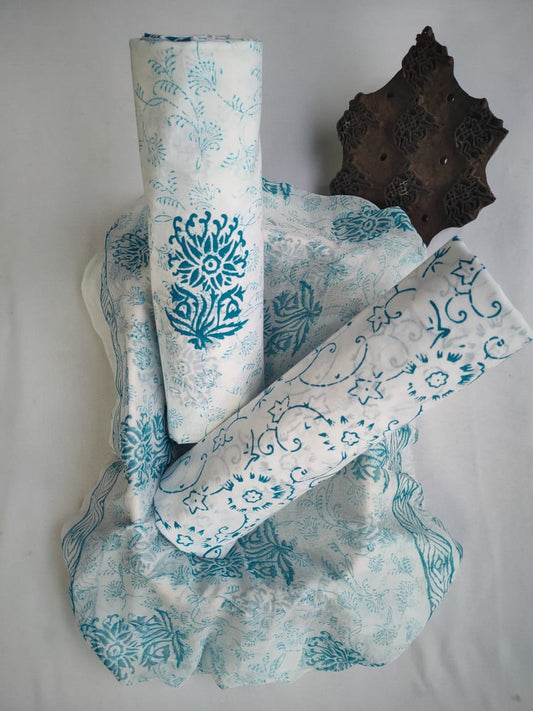 Hand Block Printed CottonUnstitched Salwar Suit with Chiffon Dupatta - JBCF837
