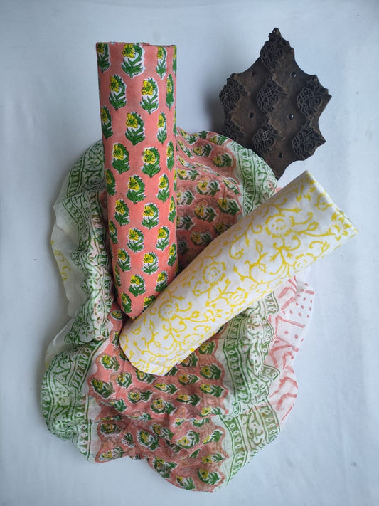 Unstitched Hand Block Printed Cotton Suit With Chiffon Dupatta - JBCF838
