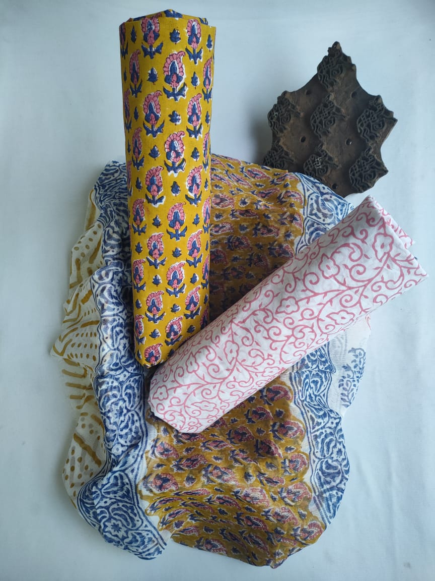 Hand Block Printed CottonUnstitched Salwar Suit with Chiffon Dupatta - JBCF840