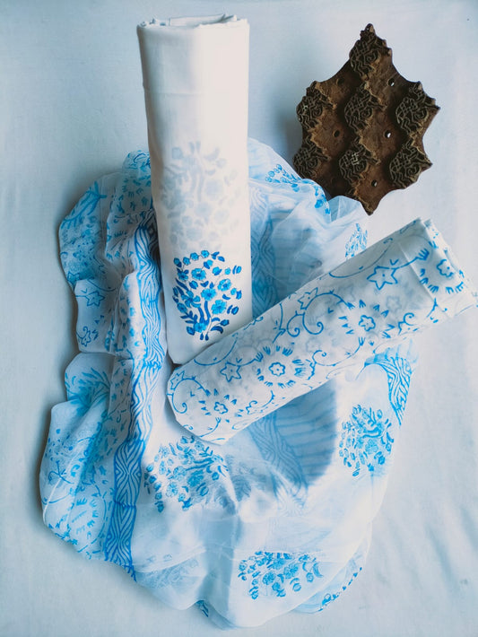 Unstitched Hand Block Printed Cotton Suit With Chiffon Dupatta - JBCF841