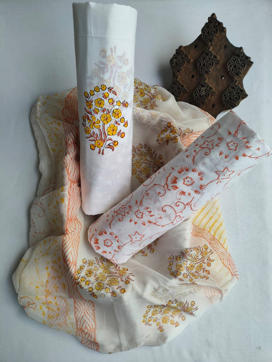 Hand Block Printed Unstitched Cotton Suit Set With Chiffon Dupatta - JBCF842