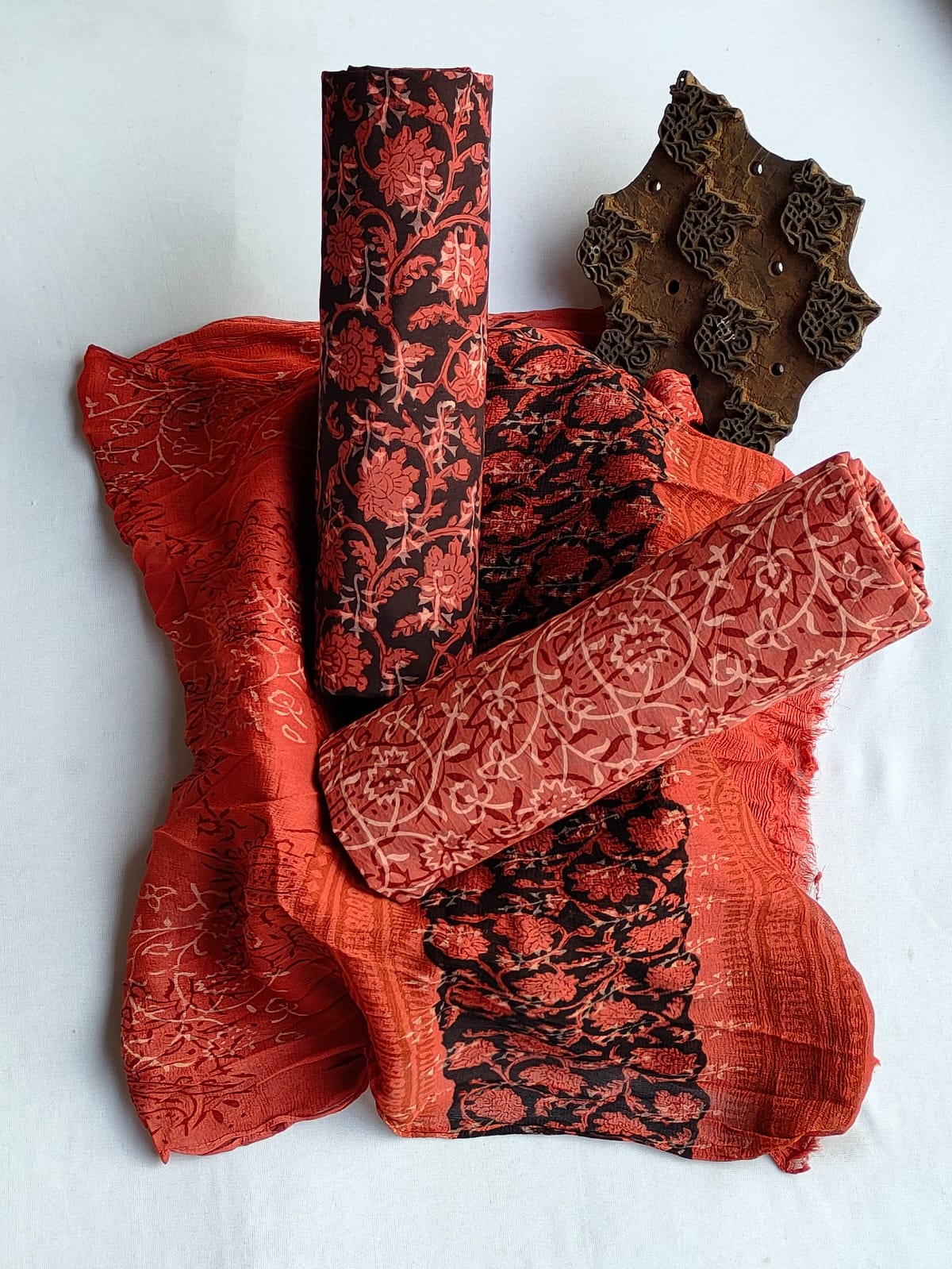 Hand Block Printed CottonUnstitched Salwar Suit with Chiffon Dupatta - JBCF801