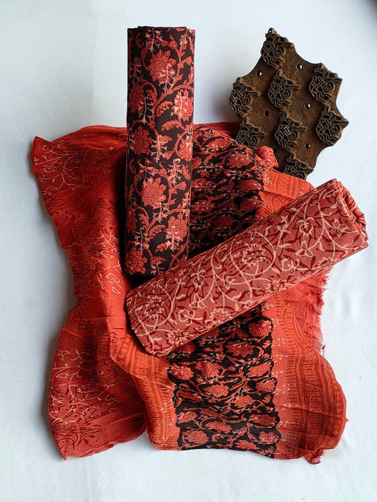 Hand Block Printed CottonUnstitched Salwar Suit with Chiffon Dupatta - JBCF801