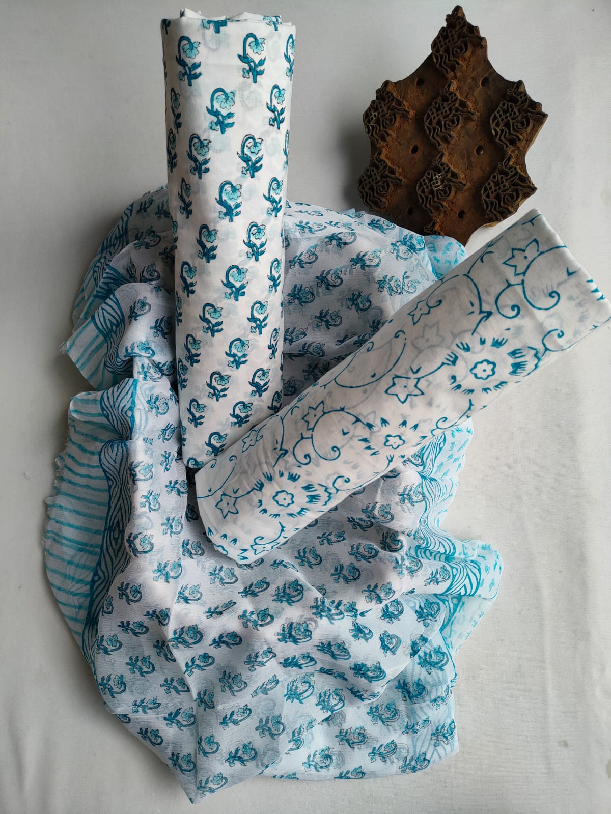 Hand Block Printed CottonUnstitched Salwar Suit with Chiffon Dupatta - JBCF846