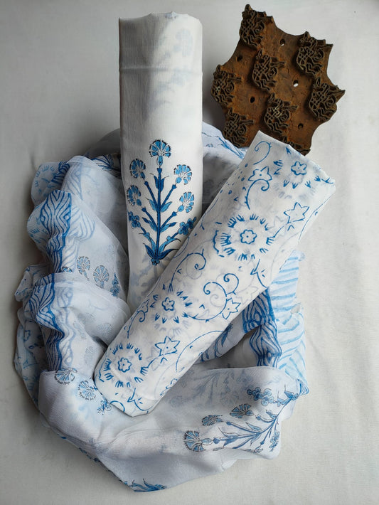 Unstitched Hand Block Printed Cotton Suit With Chiffon Dupatta - JBCF847