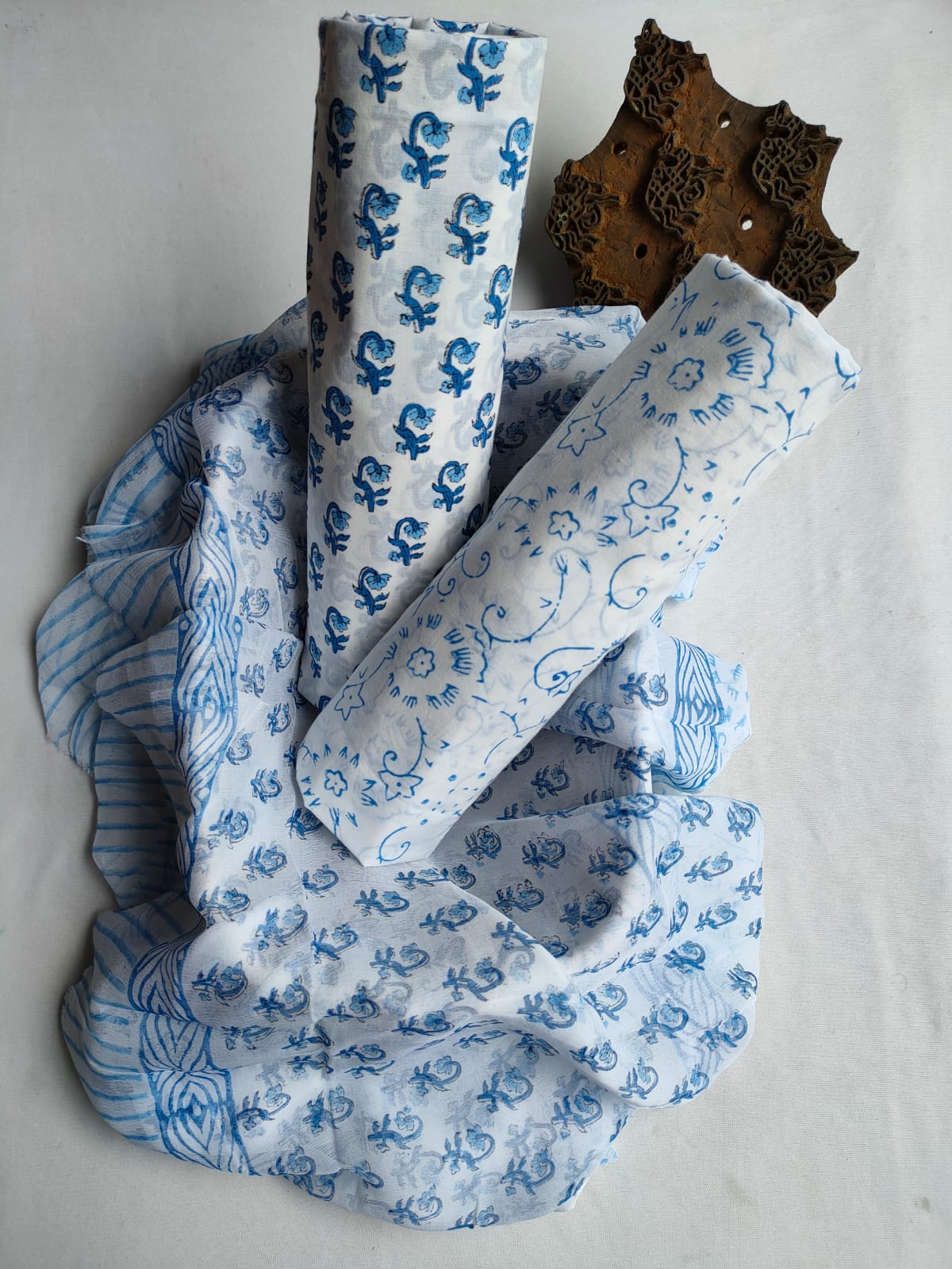 Hand Block Printed Unstitched Cotton Suit Set With Chiffon Dupatta - JBCF848