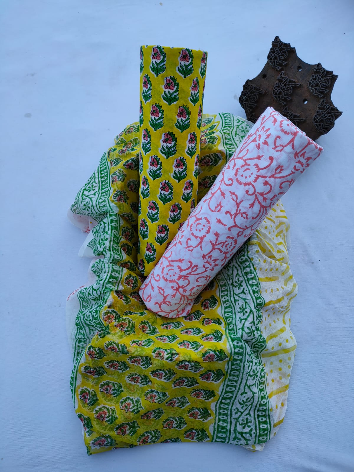 Hand Block Printed CottonUnstitched Salwar Suit with Chiffon Dupatta - JBCF849