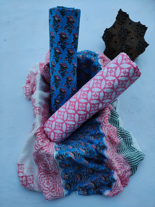 Hand Block Printed CottonUnstitched Salwar Suit with Chiffon Dupatta - JBCF852