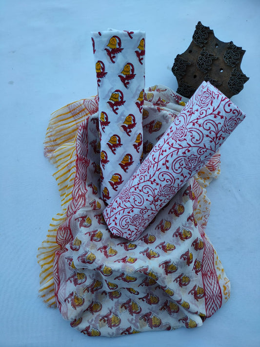 Unstitched Hand Block Printed Cotton Suit With Chiffon Dupatta - JBCF853