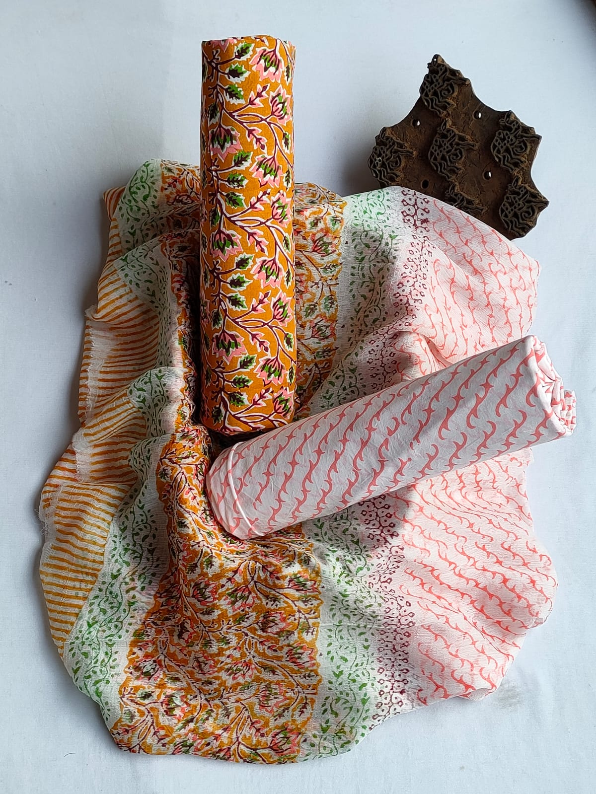 Unstitched Hand Block Printed Cotton Suit With Chiffon Dupatta - JBCF802