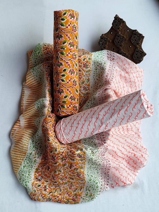 Unstitched Hand Block Printed Cotton Suit With Chiffon Dupatta - JBCF802