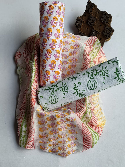 Unstitched Hand Block Printed Cotton Suit With Chiffon Dupatta - JBCF856