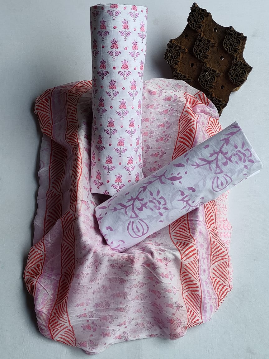 Hand Block Printed Unstitched Cotton Suit Set With Chiffon Dupatta - JBCF857