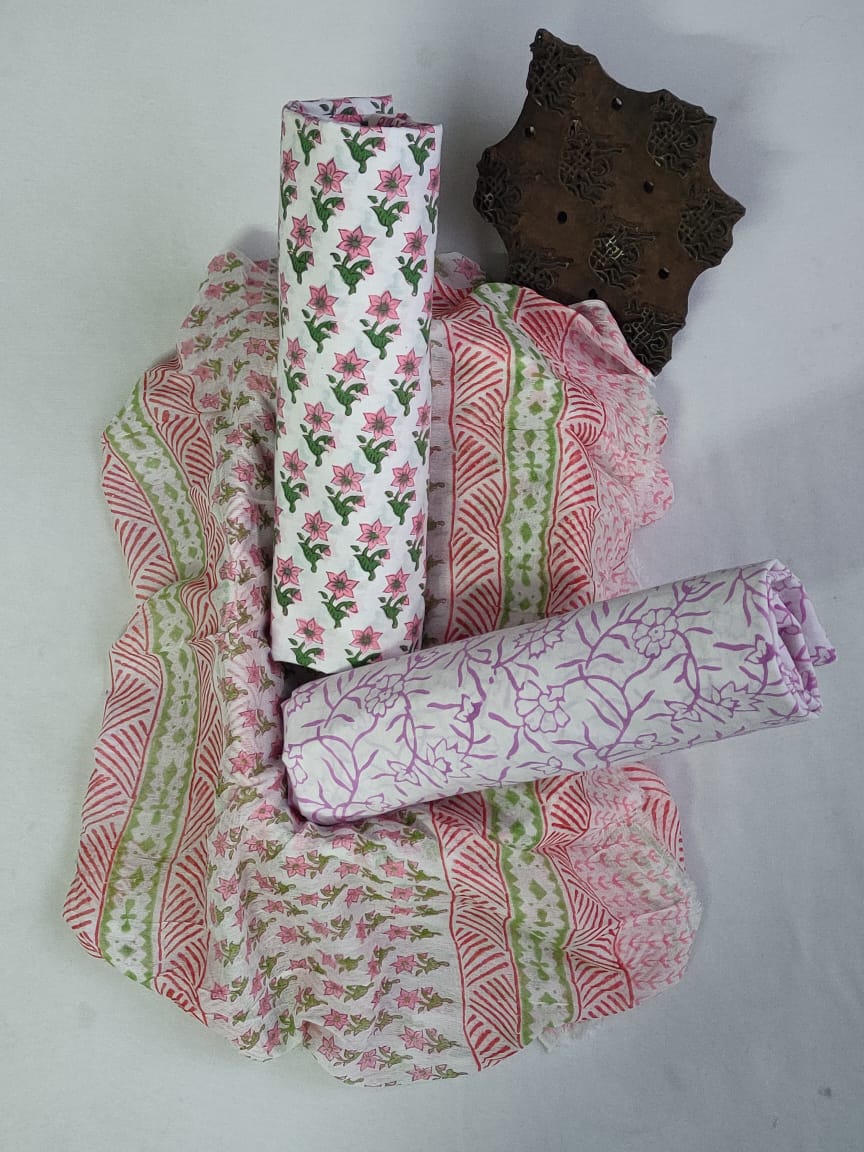 Unstitched Hand Block Printed Cotton Suit With Chiffon Dupatta - JBCF859