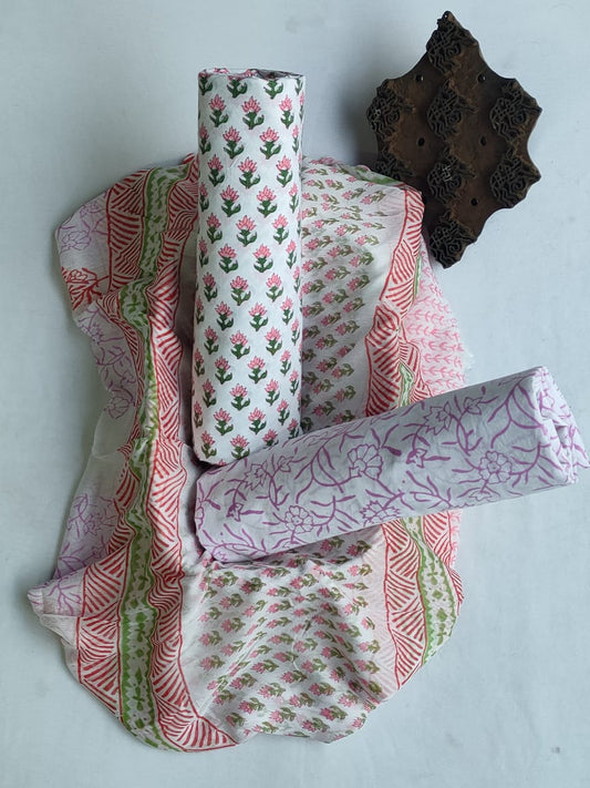 Hand Block Printed Unstitched Cotton Suit Set With Chiffon Dupatta - JBCF860