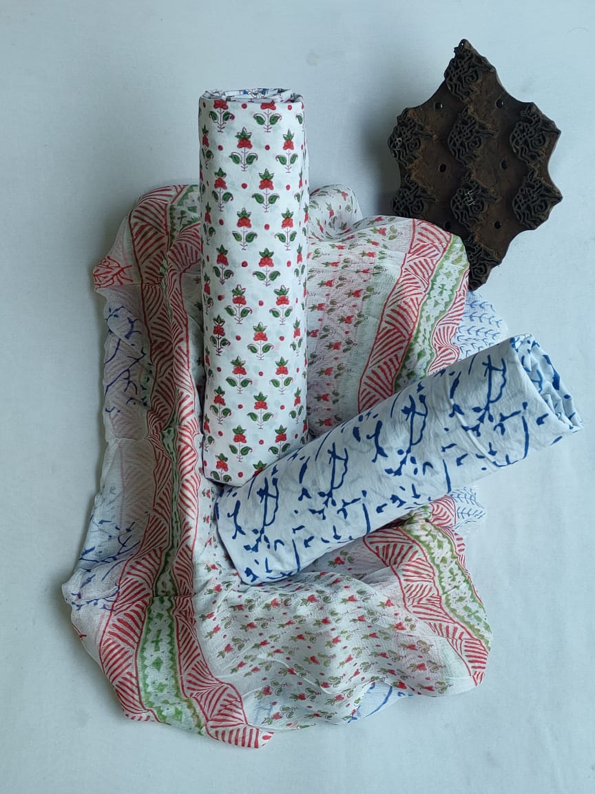 Hand Block Printed CottonUnstitched Salwar Suit with Chiffon Dupatta - JBCF861