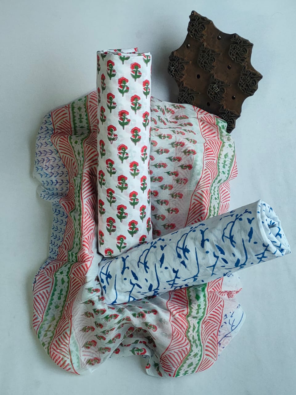 Unstitched Hand Block Printed Cotton Suit With Chiffon Dupatta - JBCF862