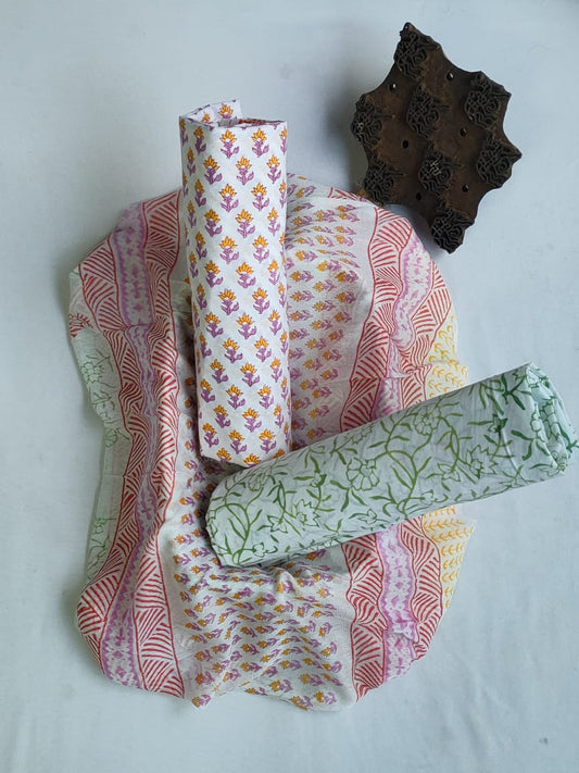 Hand Block Printed Unstitched Cotton Suit Set With Chiffon Dupatta - JBCF863