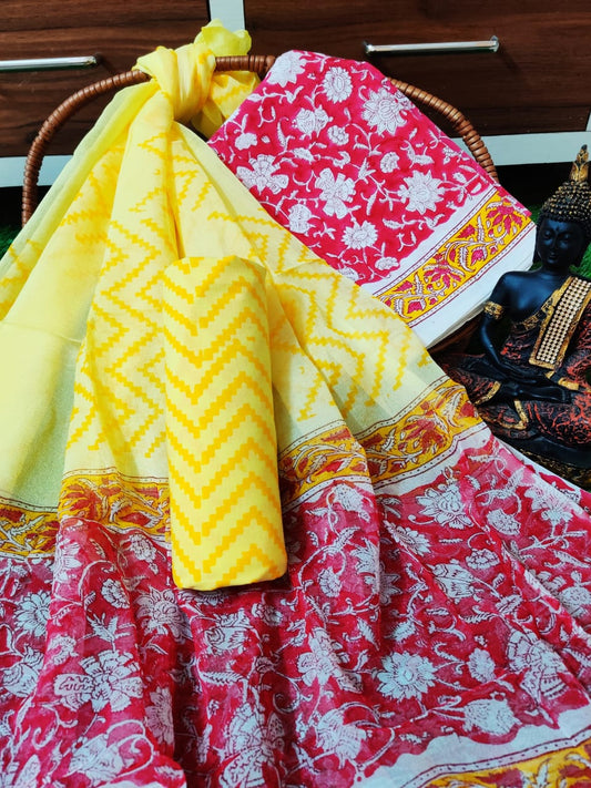 Hand Block Printed CottonUnstitched Salwar Suit with Chiffon Dupatta - JBCF864