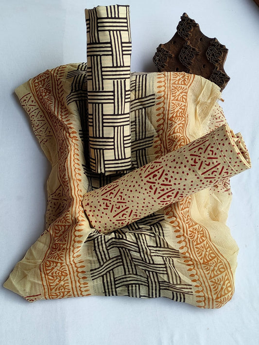Hand Block Printed Unstitched Cotton Suit Set With Chiffon Dupatta - JBCF803