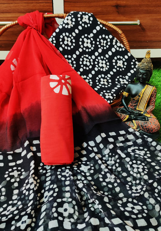 Hand Block Printed Unstitched Cotton Suit Set With Chiffon Dupatta - JBCF866