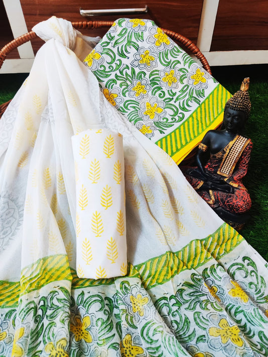 Unstitched Hand Block Printed Cotton Suit With Chiffon Dupatta - JBCF868