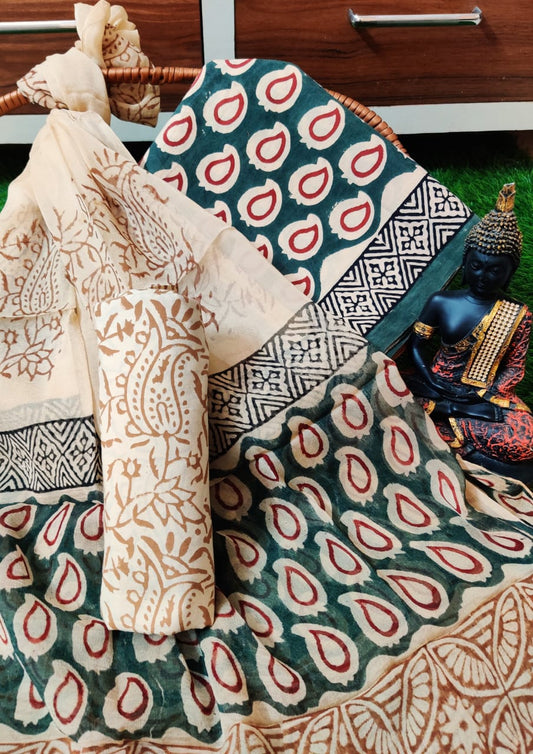 Hand Block Printed Unstitched Cotton Suit Set With Chiffon Dupatta - JBCF869