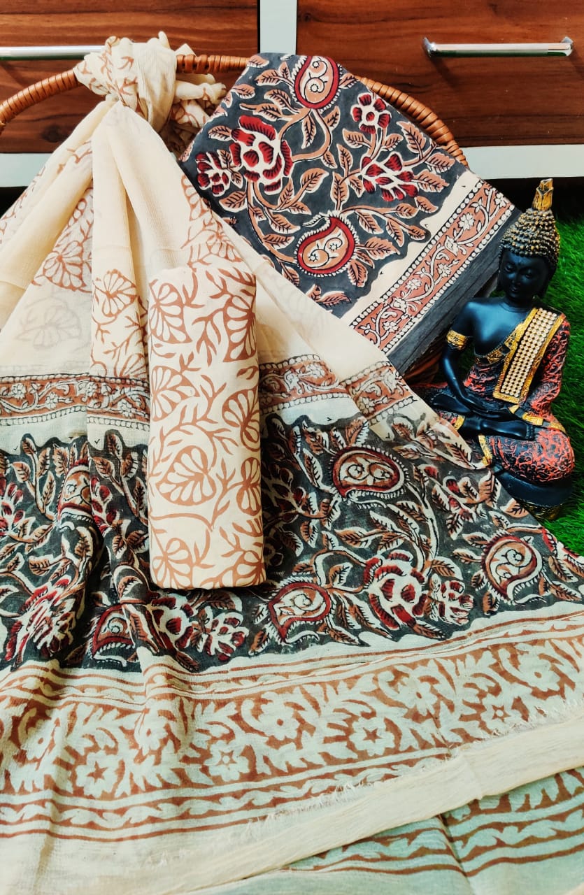 Hand Block Printed CottonUnstitched Salwar Suit with Chiffon Dupatta - JBCF870