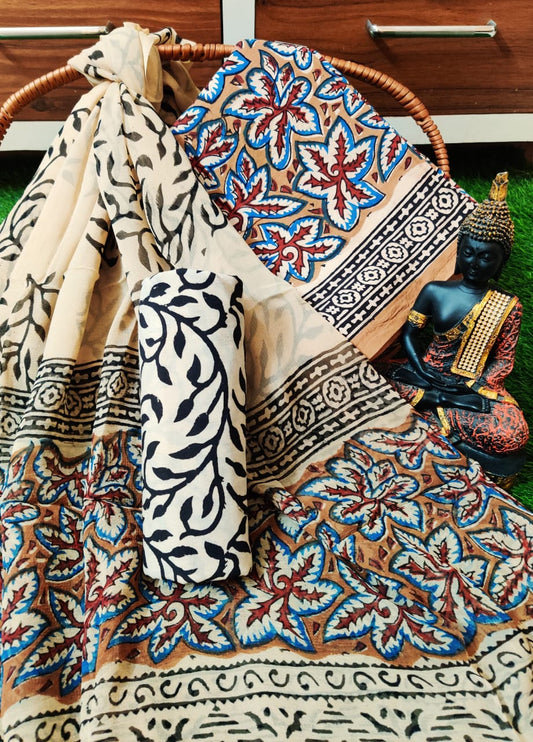 Hand Block Printed Unstitched Cotton Suit Set With Chiffon Dupatta - JBCF872
