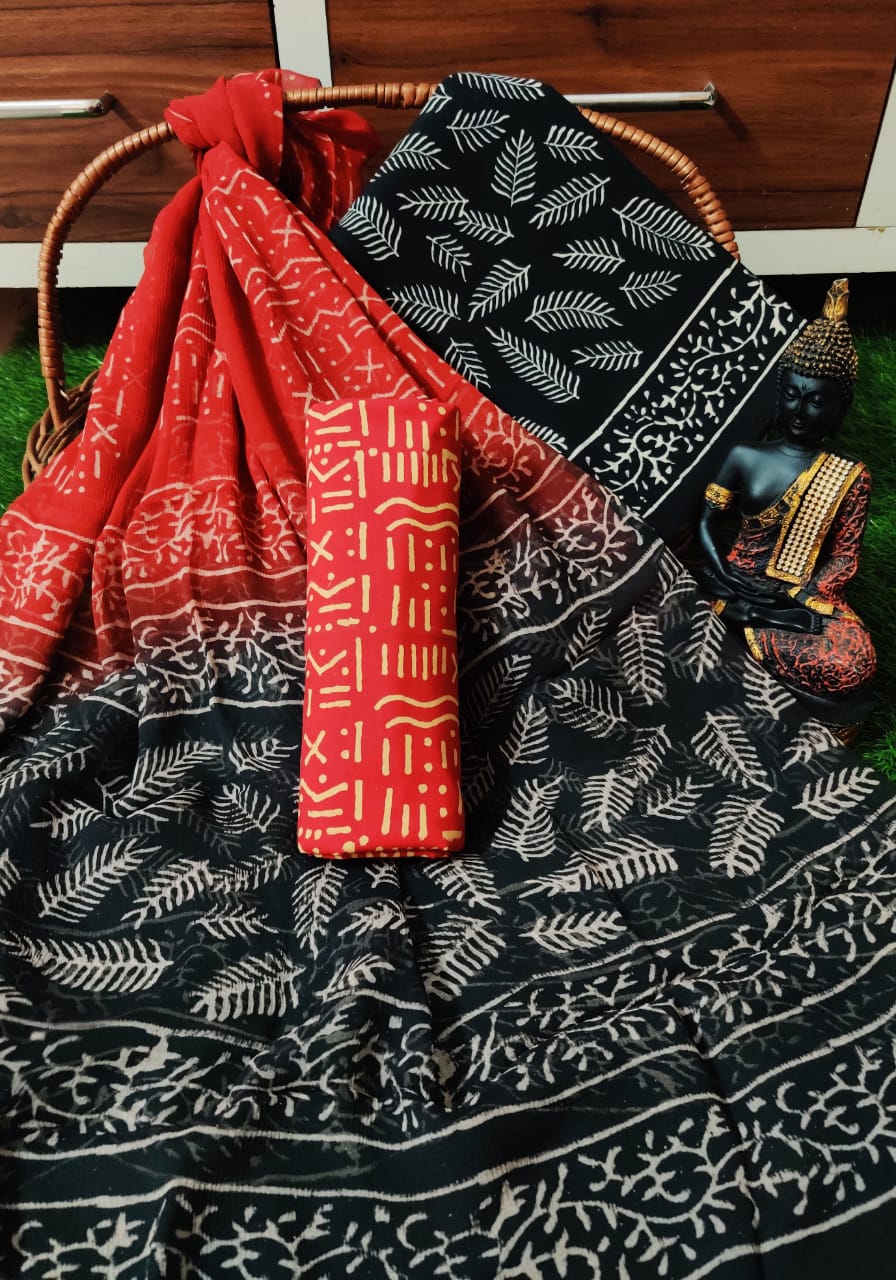 Hand Block Printed CottonUnstitched Salwar Suit with Chiffon Dupatta - JBCF873
