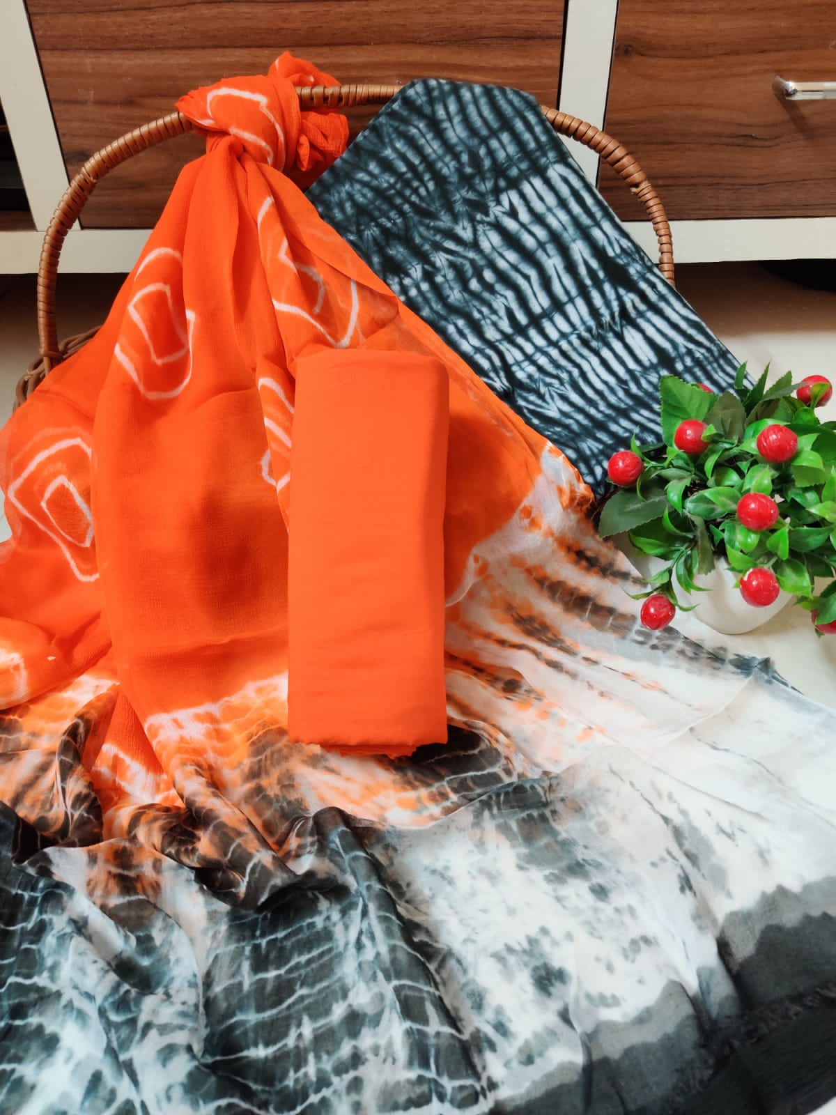 Unstitched Hand Block Printed Cotton Suit With Chiffon Dupatta - JBCF874