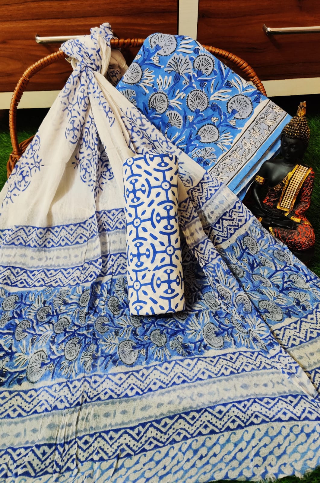 Hand Block Printed Unstitched Cotton Suit Set With Chiffon Dupatta - JBCF875