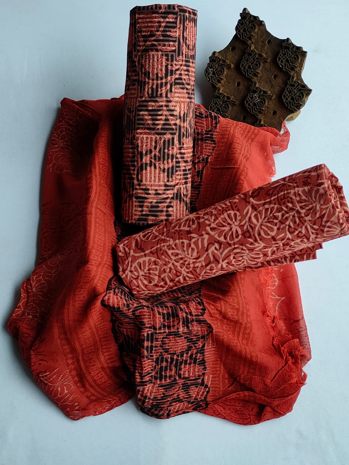 Hand Block Printed CottonUnstitched Salwar Suit with Chiffon Dupatta - JBCF804