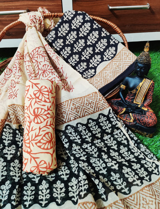 Unstitched Hand Block Printed Cotton Suit With Chiffon Dupatta - JBCF877