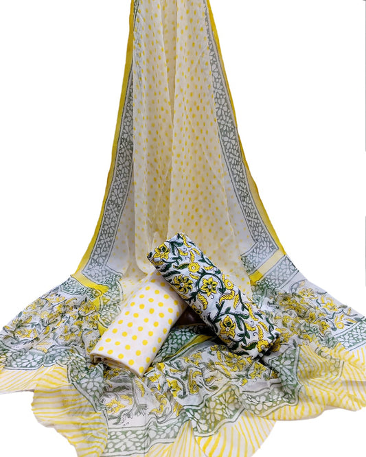 Unstitched Hand Block Printed Cotton Suit With Chiffon Dupatta - JBCF880